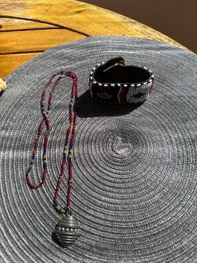 Boho Artisan Handmade Beaded Necklace & Leather Cuff Bracelet